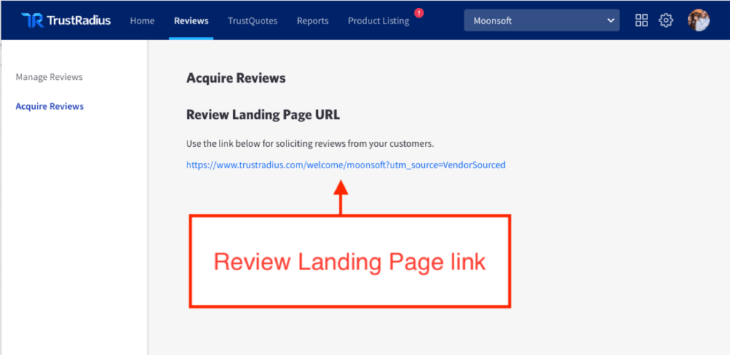 Screenshot showing where to retrieve review landing page URL