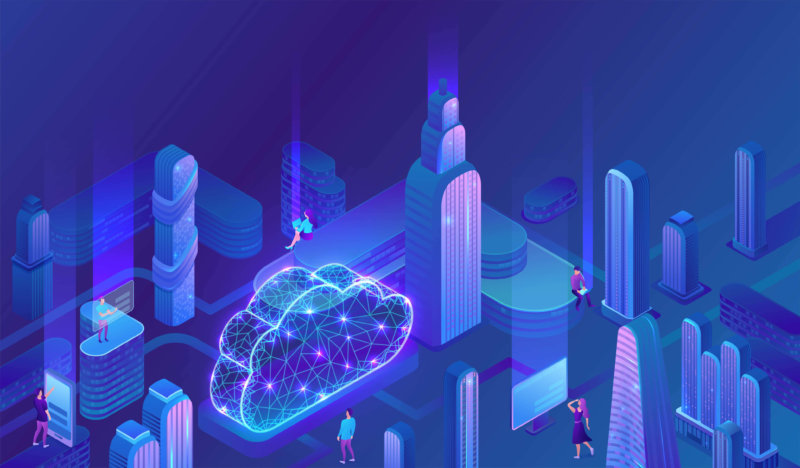 iPaaS cloud computing concept, server, smartphone, modem, tablet connected in neural network, isometric vector technolodgy background, modern blue design