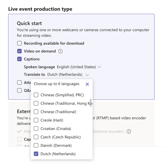 Screenshot of the settings in Microsoft Teams for live captioning and live translation during online meetings.
