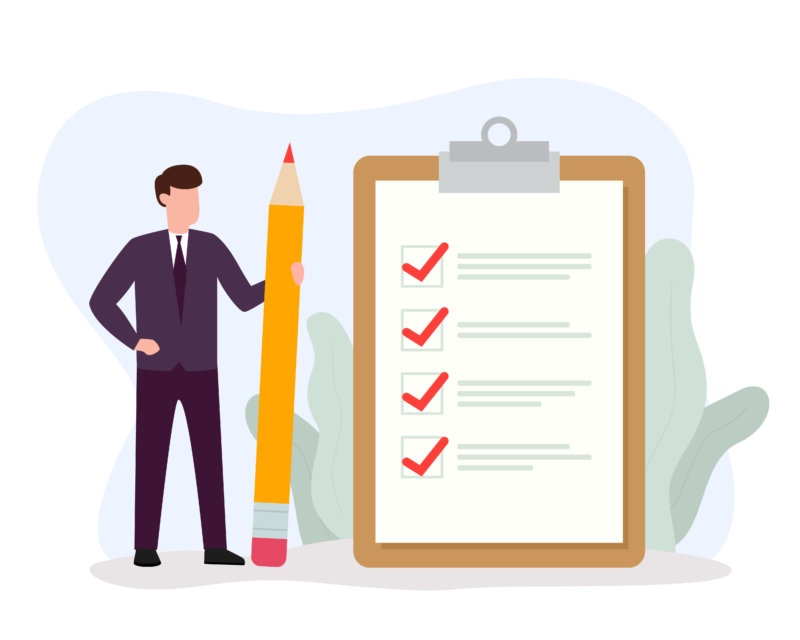 Email platform requirements checklist concept feature man with pencil and clipboard