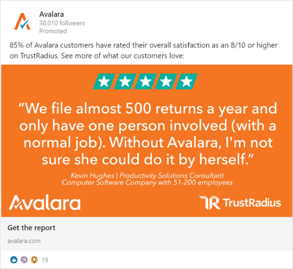 Example of a high performing Avalara ad featuring a quote from a TrustRadius review.