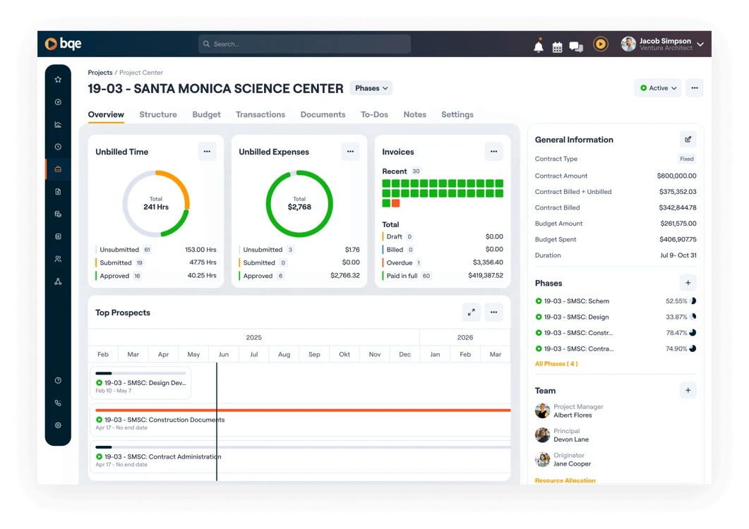 Screenshot of BQE's project center that includes billing data for a client project.