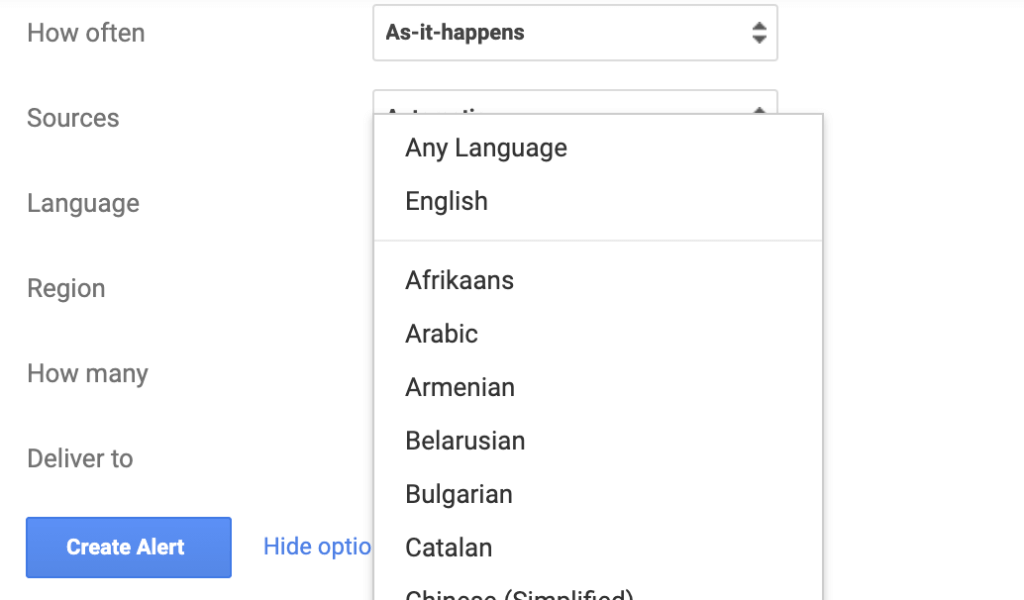 Google Alert Languages