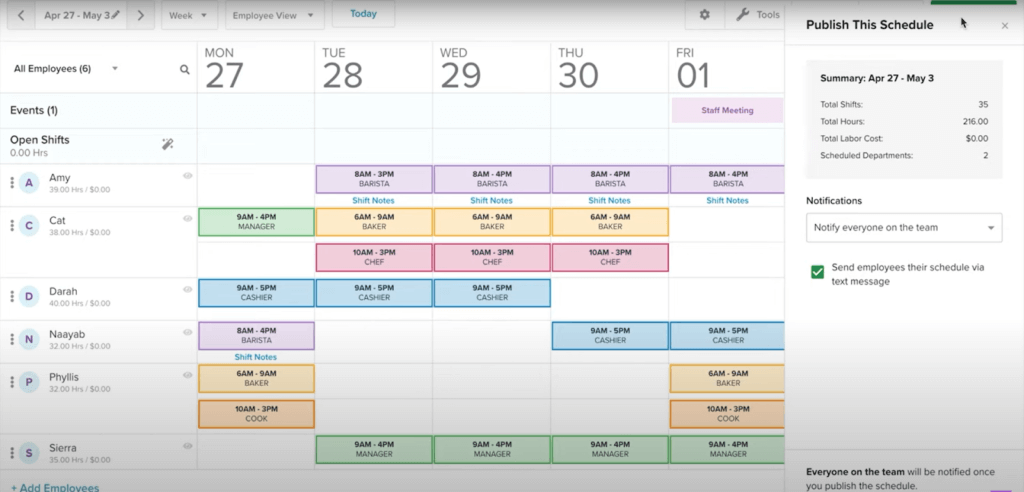 Example of the scheduling interface for Homebase