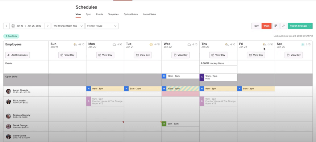 An example of the 7shifts scheduling interface