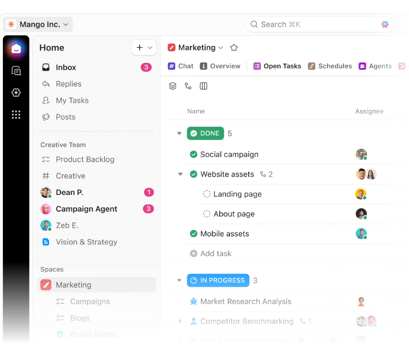 Screenshot depicting ClickUp's project management interface.