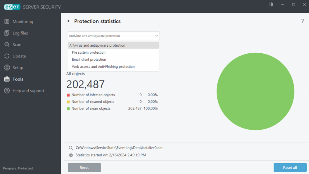 Screenshot of ESET Server Security. Provides real-time protection for the company’s data passing through all general servers, network file storage including OneDrive, and multi-purpose servers to ensure business continuity.