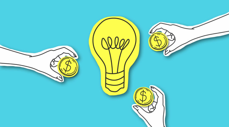 Three hands holding out yellow coins with dollar signs on them towards a yellow lightbulb. Accounting software for nonprofits concept