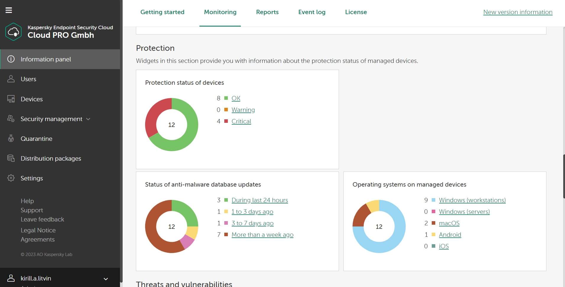 Screenshot of Kaspersky's interface that shows an overview of each endpoint's status.