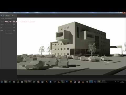 Screenshot from Kerkythea showing the exterior design for an office building