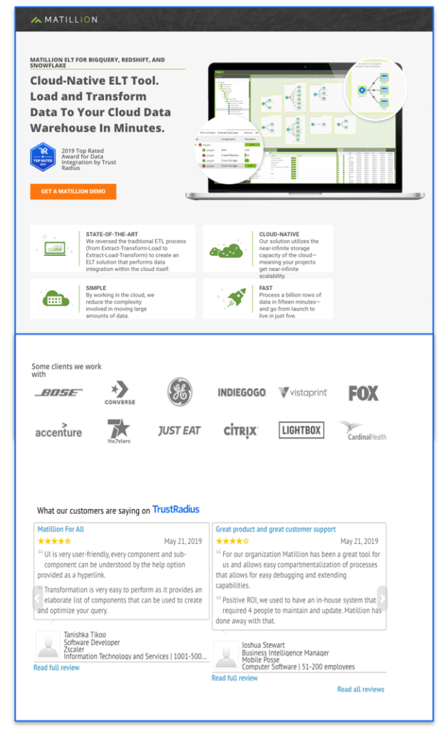 Screenshot of a Matillion landing page featuring a TrustRadius Top Rated badge as well as review snippets from TrustRadius