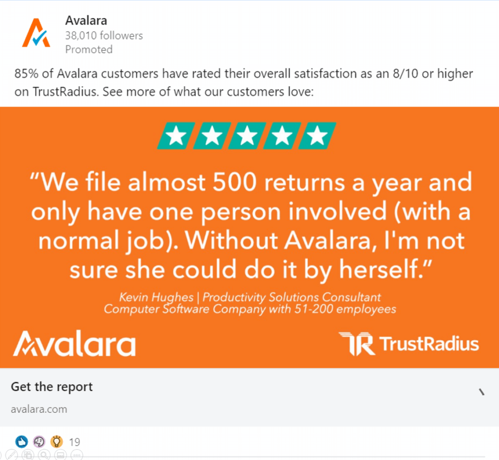 Avalara LinkedIn ad with shareable review quote