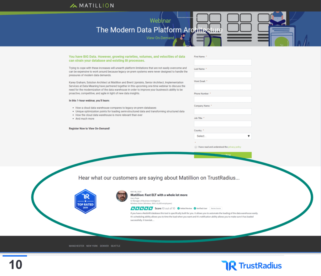 Screenshot of a Matillion landing page featuring a TrustRadius review snippet