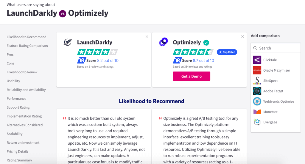 Optimizely vs Launch Darkly comparison page