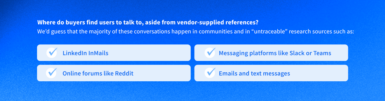 Where do buyers find users to talk to, aside from vendor-supplied references? We’d guess that the majority of these conversations happen in communities and in “untraceable” research sources such as: LinkedIn InMails Messaging platforms like Slack or Teams Online forums like Reddit Emails and text messages
