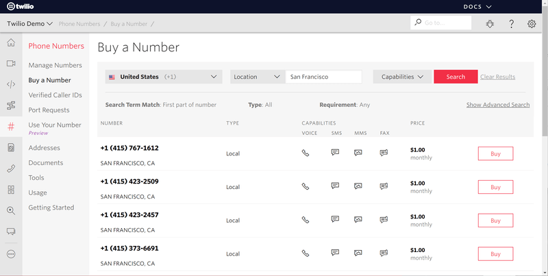 Screenshot of the Twilio Voice user interface "Buy a Number" dashboard