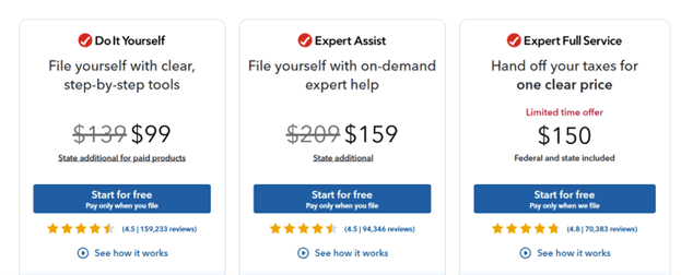 Pricing breakdowns for Turbo Tax's DIY, expert assistance, and full service tax filing options.