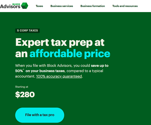 Block Advisor's pricing for s corporation starting at $280