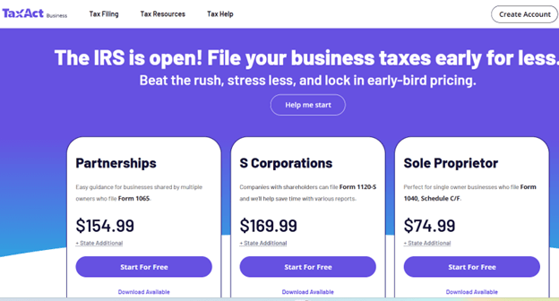 pricing breakdowns for s corporations, partnerships, and sole proprietors at TaxAct.