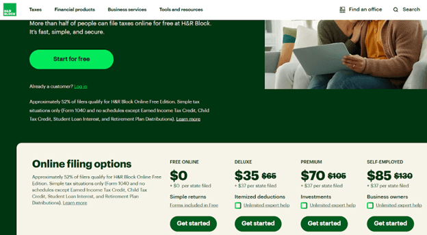 Pricing options for online  filing at H&R Block