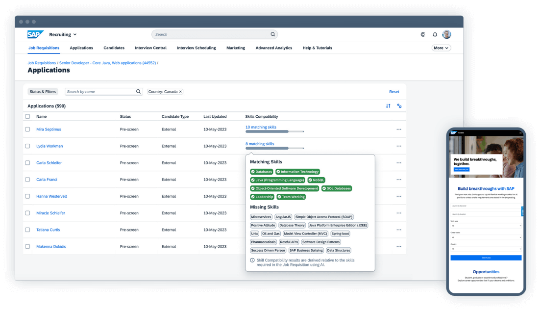 Screenshot that shows SAP SuccessFactors' recruiting capabilities.