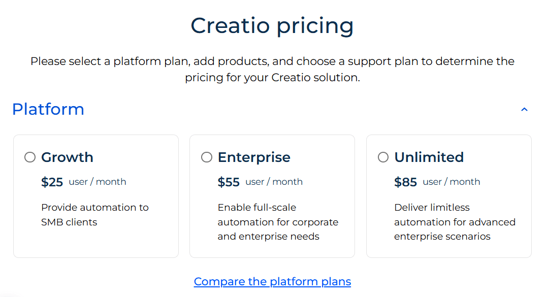 Creatio membership cost breakdown.