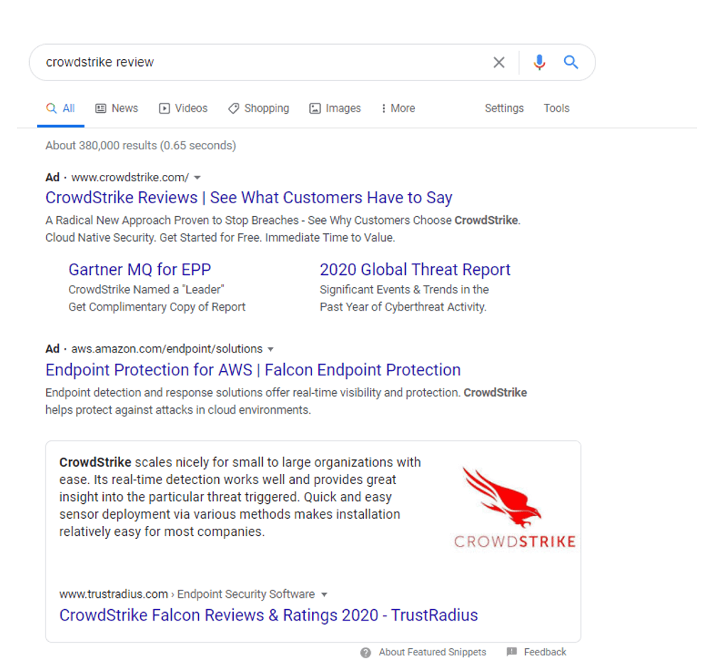 Crowdstrike review google snippet