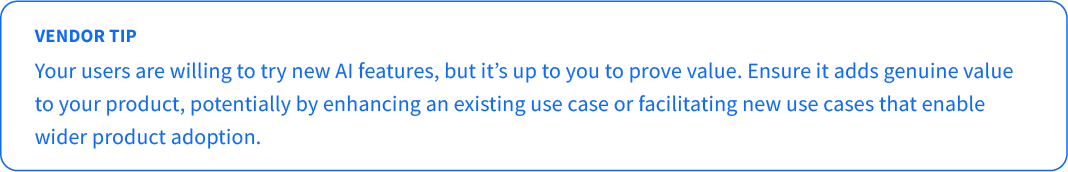 Vendor tip: Your users are willing to try new AI features, but it’s up to you to prove value. Ensure it adds genuine value to your product, potentially by enhancing an existing use case or facilitating new use cases that enable wider product adoption.