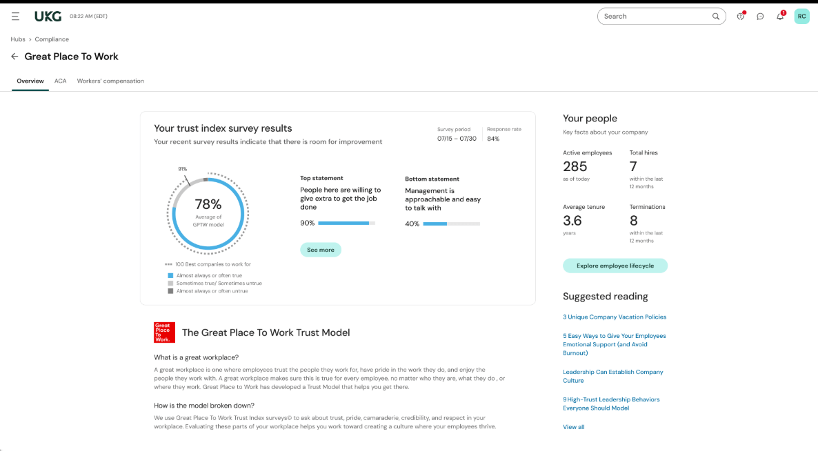 Screenshot showing an overview of an employee satisfaction survey run using UKG Ready